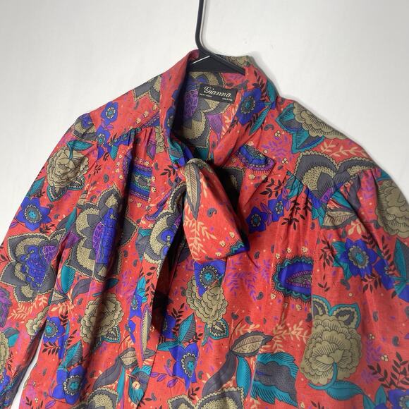 Vtg Gianna Blouse M Bold Floral Print Tie Neck Statement Top Boho Retro Disco - Picture 5 of 7